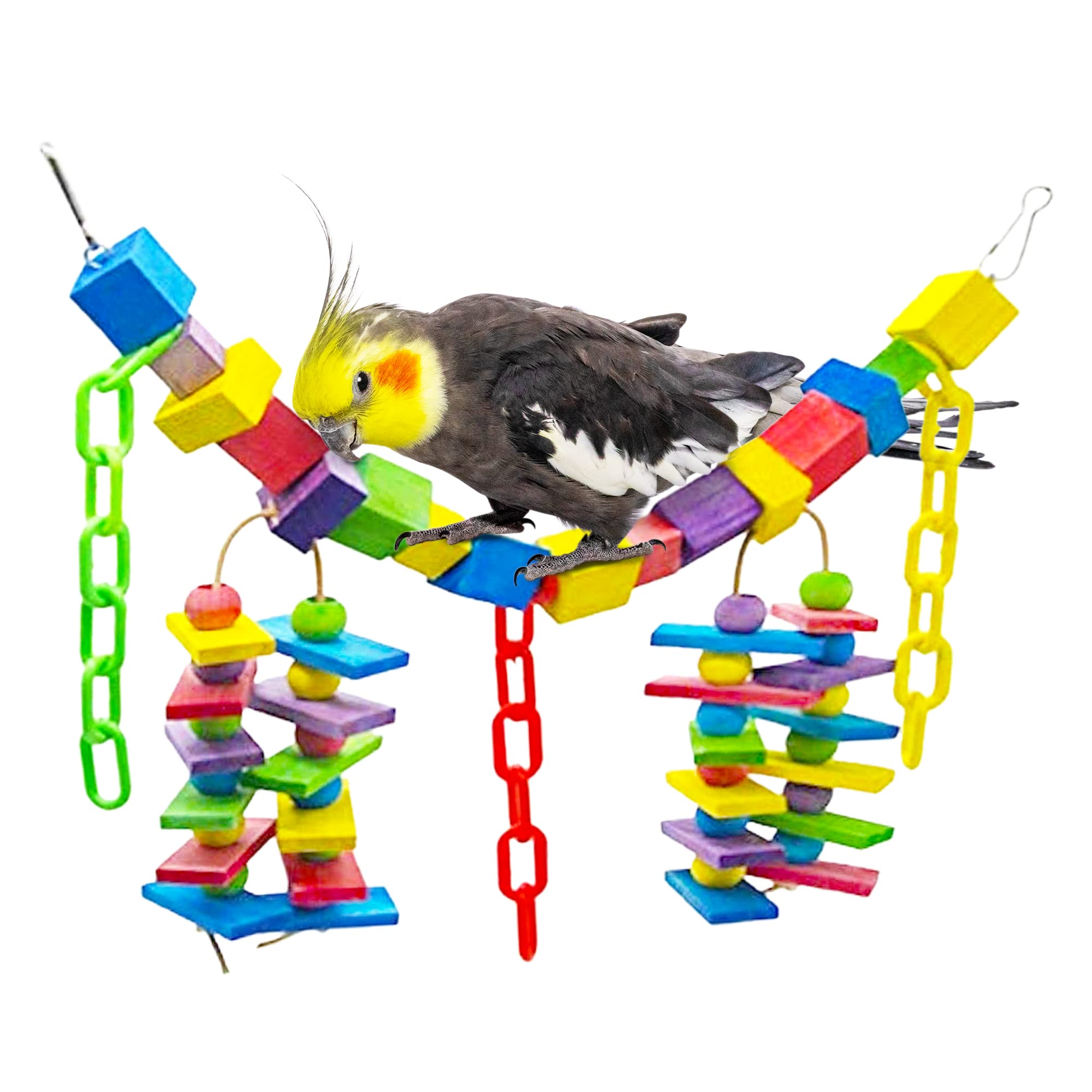 SunGrow Parrot Toy, 19” x 7.5”, Colorful Wooden Beads and Metal Chain Link Hanger, Multicolored, 1 Pc per Pack