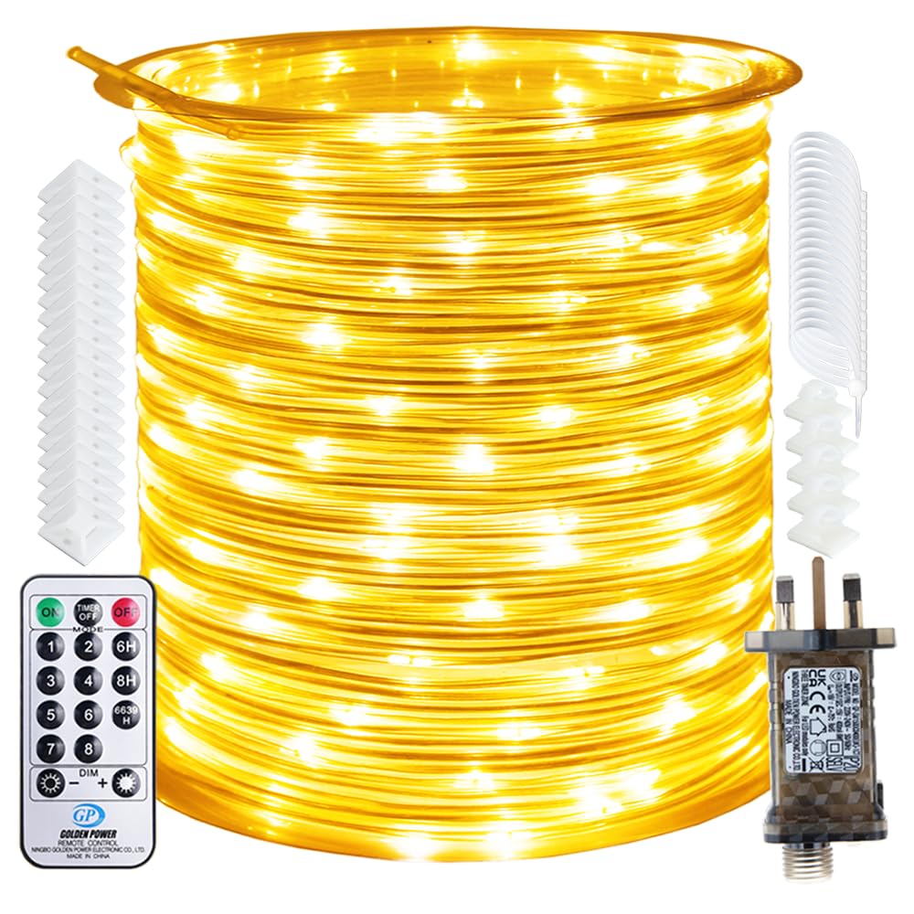 RcStarry 50M 500 LED Rope Lights, 8 Modes, Timer, Remtoe, Plug in Indoor Outdoor String Lights, Warm White, IP67 Waterproof Fairy Lights for Garden, Patio, Deck, Landscape Lighting, Bedroom and More