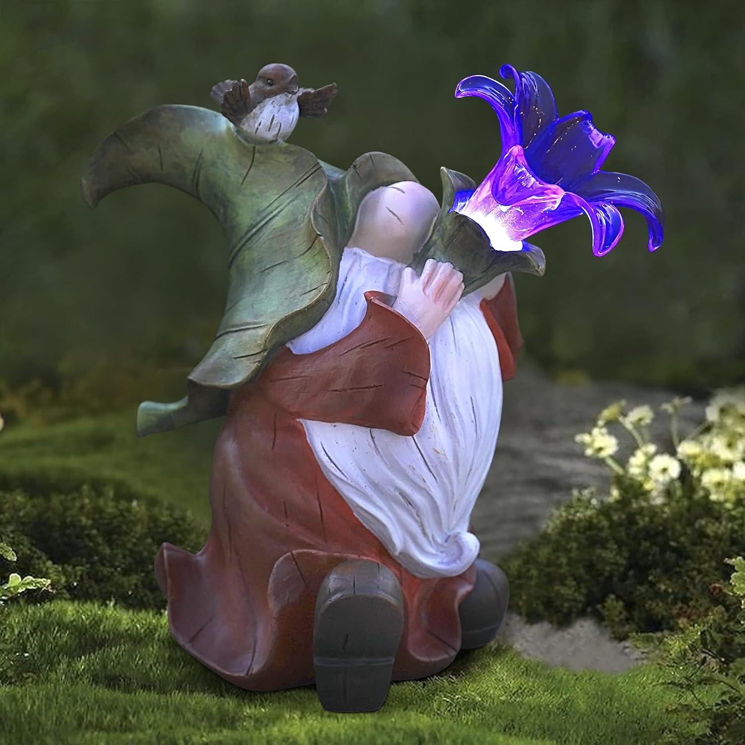 Garden Gnome Statue - Resin Gnome Figurine Playing Flower-Trumpet with Solar LED Lights, Outdoor Summer Decoration for Patio Yard Lawn, Ornament Gifts for Mom