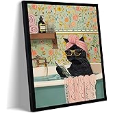 Framed Vintage Cat Canvas Wall Art, Funny Pink Animal Reading Books Painting Picture Print, Cute Kitten Lovers Aesthetic Wall Decor for Nursery Girls Room Bedroom Kids Room 16''L x 12''W