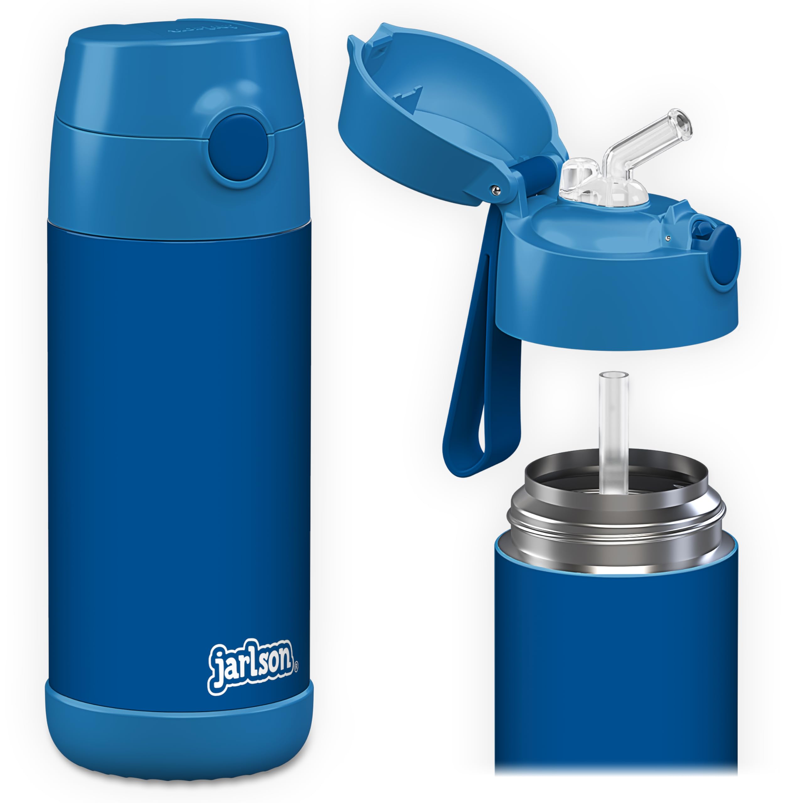 Jarlson® Charli Children's Stainless Steel Water Bottle with Straw - Thermos Flask 350 ml - TÜV Tested - BPA Free - Leak-Proof - Thermal Water Bottle for School, Nursery - Blue, 350 ml