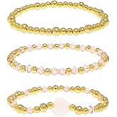 Tyebiva Gold Beaded Heart Stack Bracelets Set for Women, 3Pcs Dainty Handmade Pink beads Stackable Stretch Bracelet Everyday Fashion Jewelry Gift.