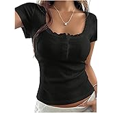 SOLY HUX Women's Lace Trim T Shirt Square Neck Short Sleeve Button Tee Going Out Summer Tops