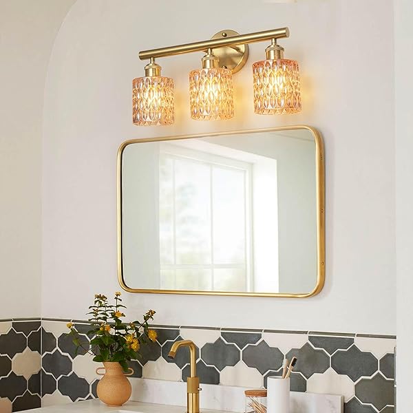 LAPMUNG BATHROOM VANITY LIGHT, GOLD WALL FIXTURE OVER MIRROR, GREEN GLASS SHADE LIGHTING WITH BULBS INCLUDED FOR BEDROOM & LIVING ROOM,2-LIGHTS