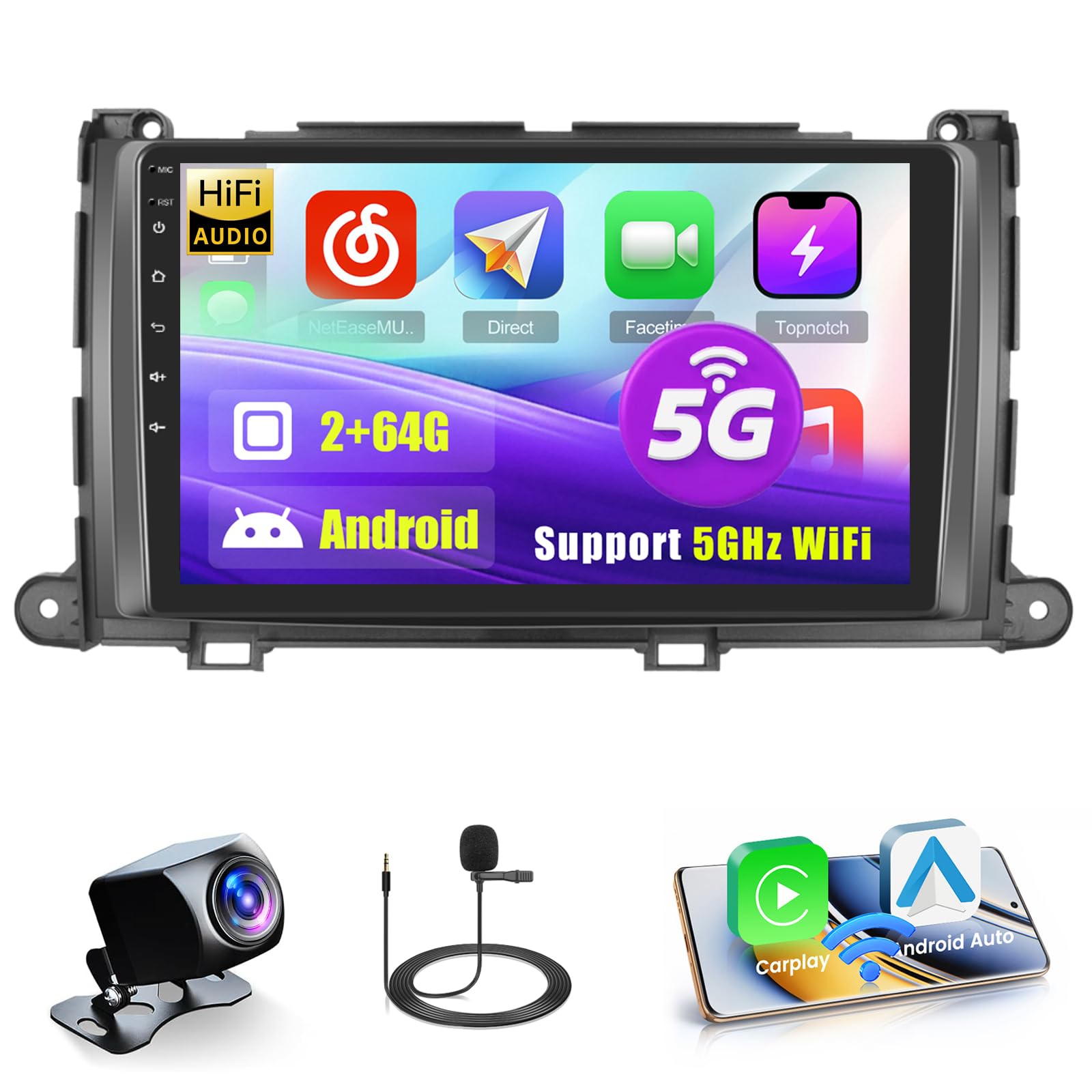Photo 1 of Car Radio for Toyota Sienna 2011 2012 2013 2014, [2+64G] 9 Inch Touch Screen for Sienna Dash Kit with Wireless Carplay/Android Auto, HiFi, Bluetooth, GPS, WiFi, SWC + AHD Backup Camera