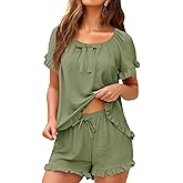 KFUBUO Womens Pajamas Set 2 Piece Ruffle Pj Soft Short Sleeve Tops and Shorts Sleepwear Set Cute Pajama Sets for Women