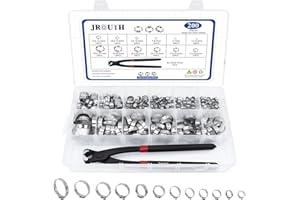 JROUTH 200PCS Single Ear Hose Clamps, 12 Size5.3-33.1mm Crimp Hose Clamp Assortment Kit with Ear Clamps PIncer, 304 Stainless Steel Hose Clamp for Securing Pipe Hoses and Automotive with Case