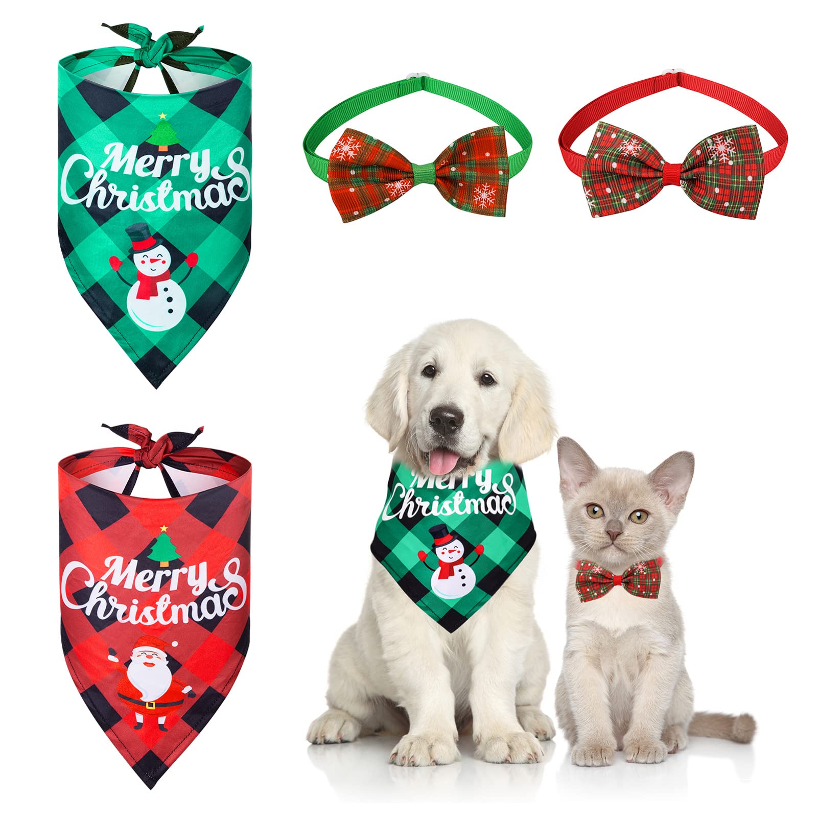 4 Pieces Dog Christmas Bandana Set, Dog Christmas Scarf Adjustable Cat Christmas Bow Tie, Washable Triangle Bandana Christmas Dog Collar Pet Costume for Pet Christmas Party