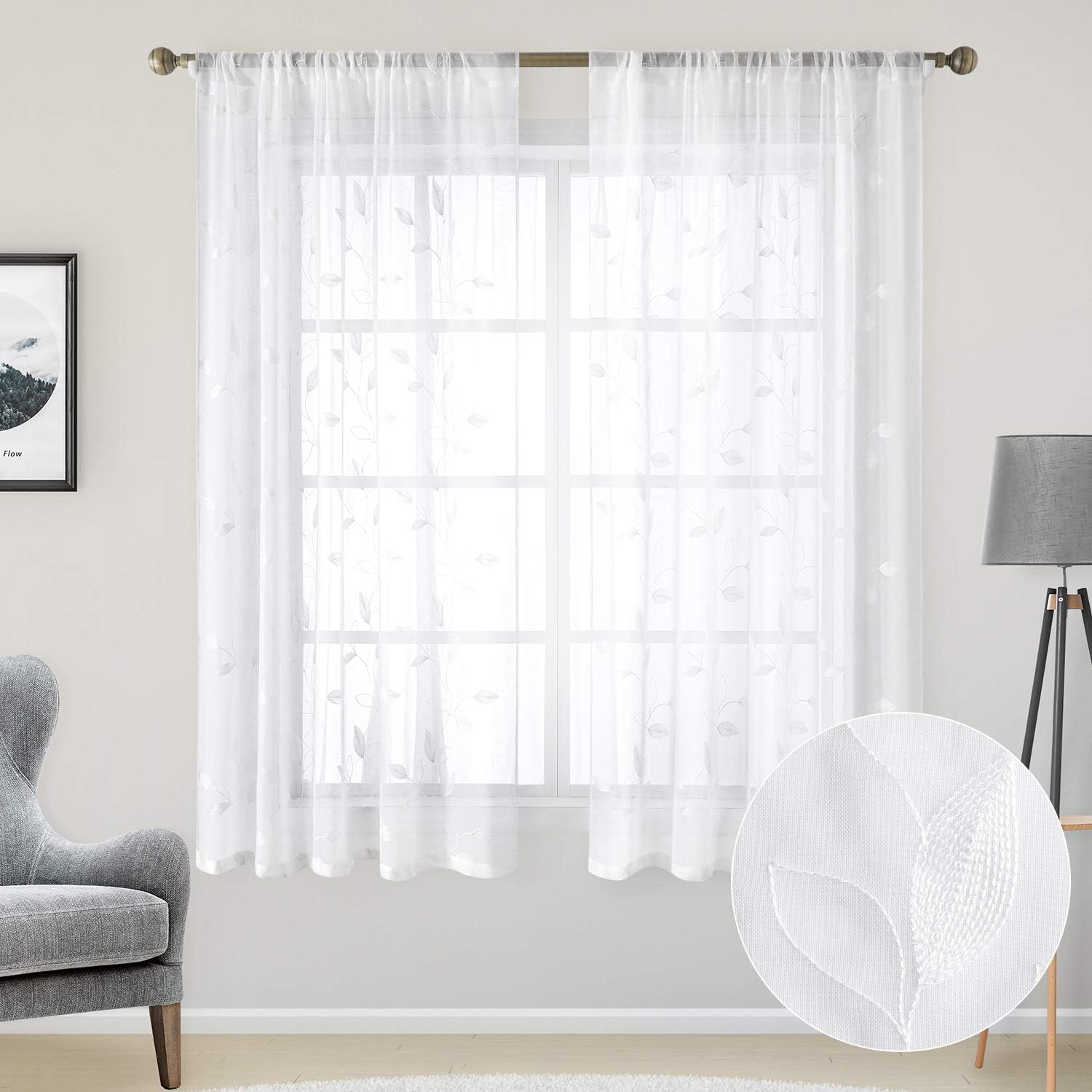 HOMEIDEAS White Sheer Curtains 52 X 63 Inches Length 2 Panels Embroidered Leaf Pattern Pocket Faux Linen Floral Semi Sheer Voile Window Curtains/Drapes for Bedroom Living Room