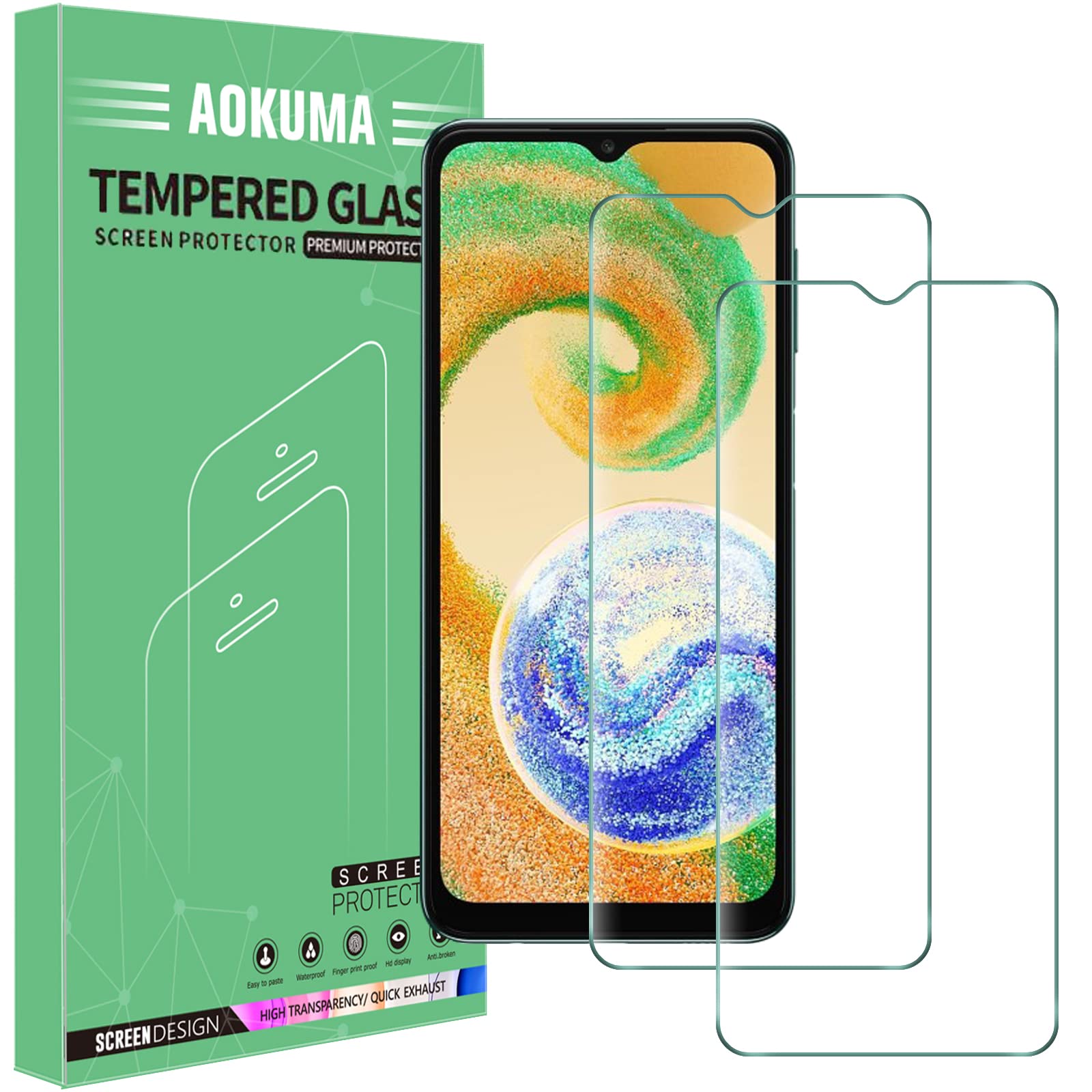 AOKUMA Tempered Glass for Samsung Galaxy A13/A12/A23/32/A04S/A04/A03 Screen Protector, [2 Pack] Premium Quality Guard Film, Case Friendly, Shatterproof, Shockproof, Scratchproof oilproof