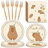 WINMIND 96 Pcs Capybara Party Decorations Pack for Boys Girls, Cute Capybara Birthday Supplies Includes Plates, Napkins, Forks for Animals Themed Party Supplies, Serve 24