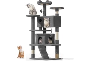 OS MOTOR 54" Cat Tree Tower for Indoor Cats Large Adult,Cute/Tall Modern Cat Tree for Big Cats 20 lbs, Plush Multi-Level Cat Condo with Scratching Posts,Hammock, Dangling Ball (Smoky Gray, 54 inch)