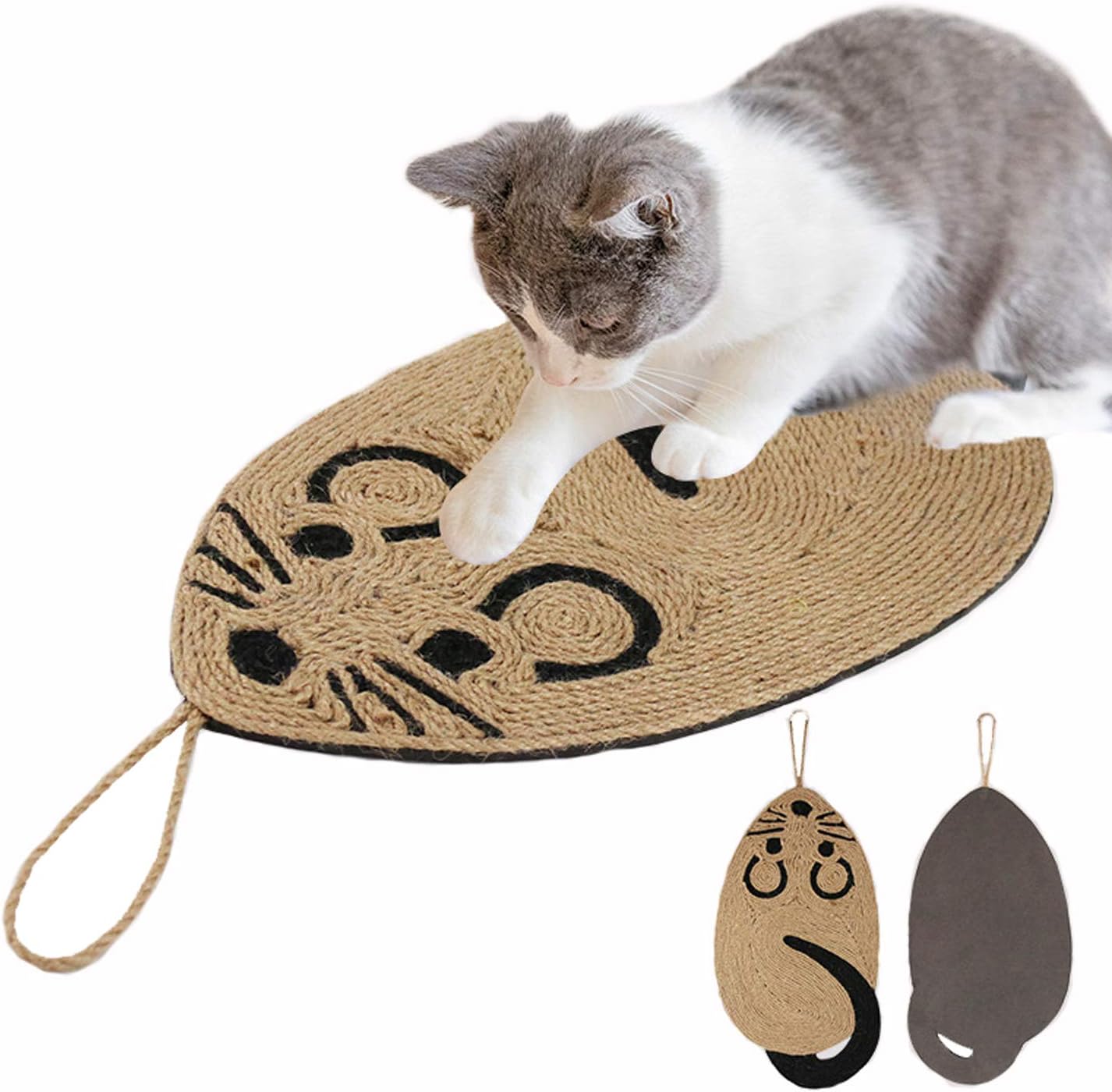 IBLUELOVER Cat Scratch Pad Natural Sisal Cat Scratcher Mat Mouse Shaped Hanging Scratch Rug Interactive Training Toy Sofa Guard Furniture Protector,54x25cm