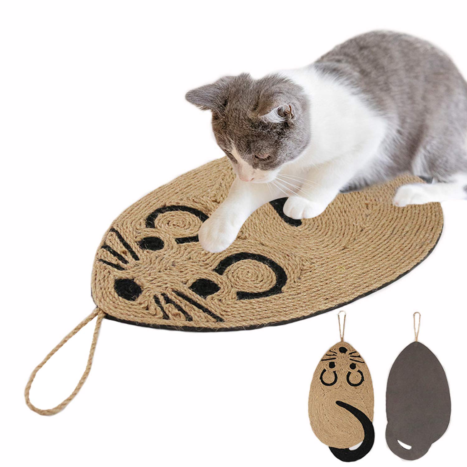 IBLUELOVER Cat Scratch Pad Natural Sisal Cat Scratcher Mat Mouse Shaped Hanging Scratch Rug Interactive Training Toy Sofa Guard Furniture Protector,54x25cm
