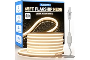 KANAYA 65ft Led Neon Rope Lights Warm White 2800K, ETL Listed 110-120V Lighting Strip IP65 Waterproof, Connectable and Cuttable, for Home Commercial Building Outdoor Indoor Decor