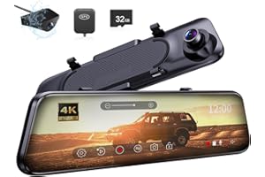 COOLCRAZY C8 4K+2K Rear View Mirror Camera, 12'' Mirror Dash Cam with 1440P Rear Camera,WDR Front and Rear Dash Camera for Cars and Trucks,Night Vision,Free 32GB Card&GPS,Parking Monitoring