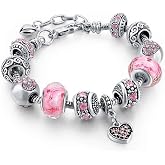 Capital Charms Pink Hearts Silver Plated Charm Bracelet Set, Jewelry Gifts with Beads, Charms, and Adjustable Snake Chain, Fits 7.5"+1.5"