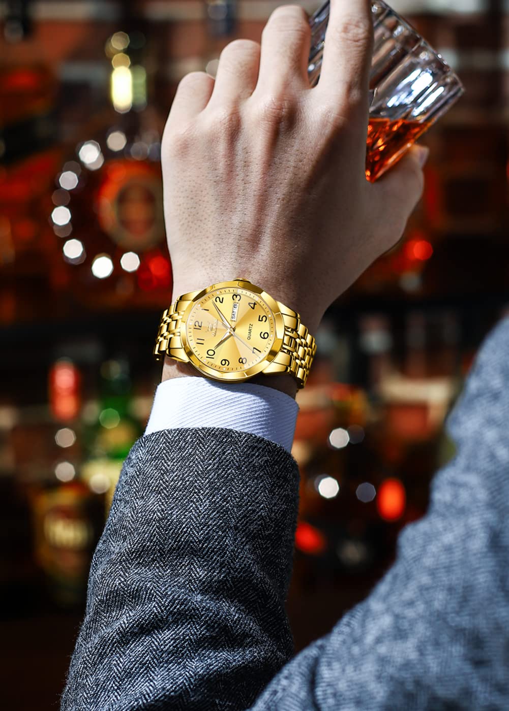 OLEVS Herrenuhren Gold Business Kleid Luxus Armbanduhr Luminous Leicht zu lesen wasserdichte Edelstahluhr für Männer 5