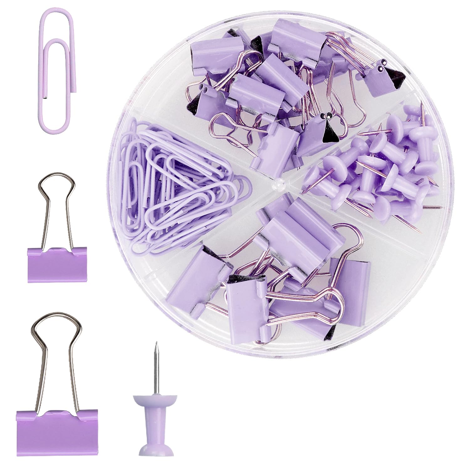 Rumyve 72PCS Binder Clips and Push Pins Set - Office Supplies Kit with Storage Box, Ideal for Home, School, and Office Use(Purple)