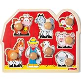Melissa &amp; Doug Farm Animals Jumbo Knob Wooden Peg Puzzle | 8 Jumbo Peg Pieces, Wooden Board, Farm Animal Matching, Shape Recognition, Montessori Inspired Toddler Toys for Kids, Ages 1+