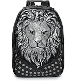 kiisy 3D Lion Leather Laptop Backpack Unique Designer Fashion Travel Rivet Punk Backpack (Black S)