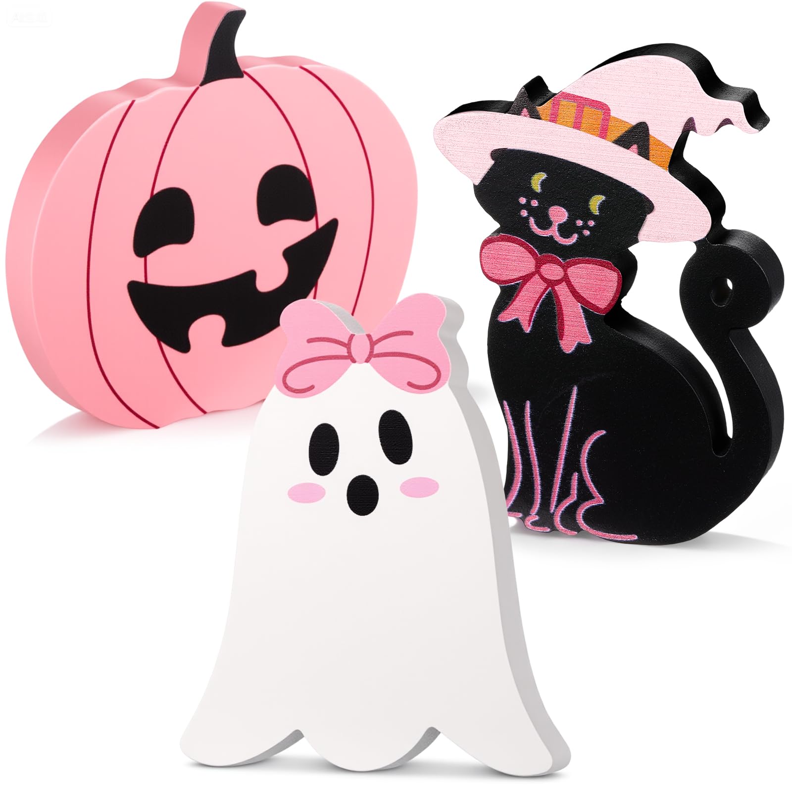 Photo 1 of Amyhill 3 Pcs Pink Halloween Table Decor Indoor Cute Ghosts Decorations Wood Plank Signs Halloween Tiered Tray Pink Wooden Ghosts Decor for Home Kitchen Office Party Gifts(Black Cat)