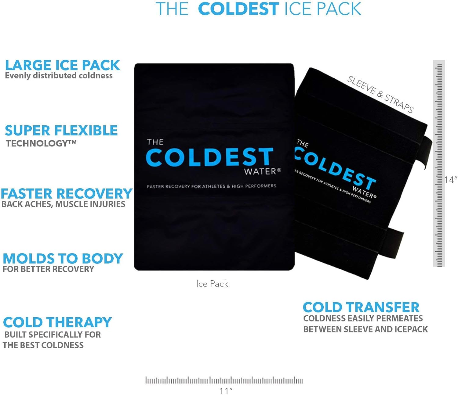 The Coldest Ice Pack (Standard Large 11" x 14") Flexible Gel and Wrap with Elastic Straps Specific for Cold Therapy - for Back Leg Sprains, Muscle Pain, Flexi Bruises, Injuries - 11" x 14": Health & Personal Care