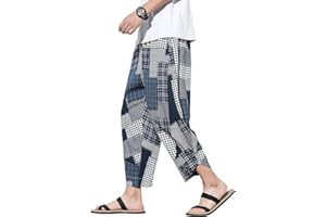 DOSLAVIDA Men's Casual Elastic Waist Linen Capri Pants Wide Leg Baggy Cotton Harem Yoga Trousers Loose Patchwork Short