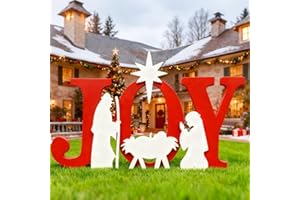 SLEVIO TIMER Nativity Set Outdoor Christmas Decorations,48in Joy Nativity Scenes for Yard, Large Weatherproof, Manger Scene Christmas Yard Decorations for Indoor Garden, Lawn and Church (Red)