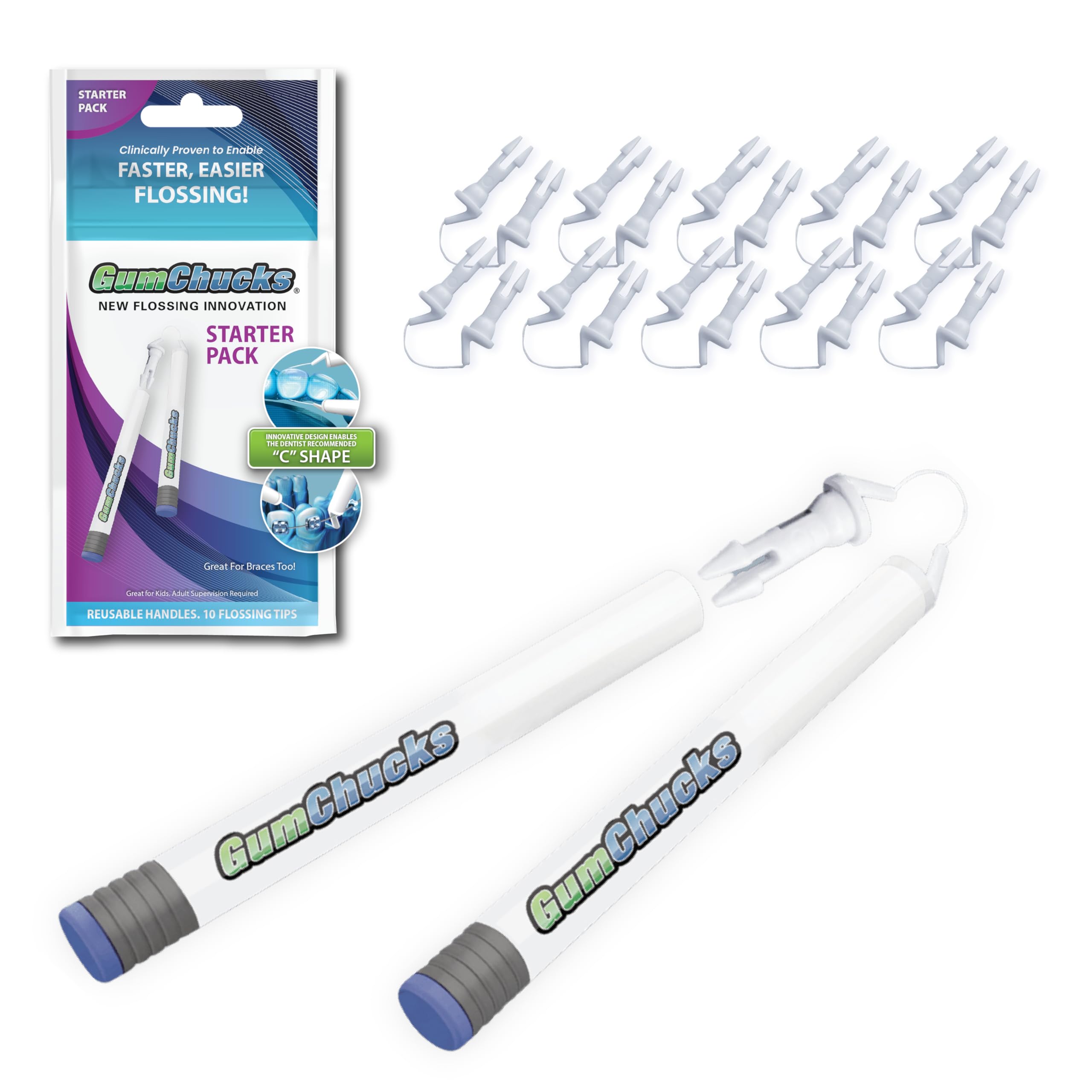 GumChucks Orthodontic Flossers Dental Floss - Floss for Braces - Brace Floss Picks - Gum Flossing Picks - Ortho Dental Flossers (Adult Starter Pack)
