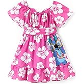 Disney Stitch Minnie Frozen Elsa Princess Girls Backless Dress Off Shoulder/Short Sleeve Cinched Waist Kids Clothes Ages 2-13