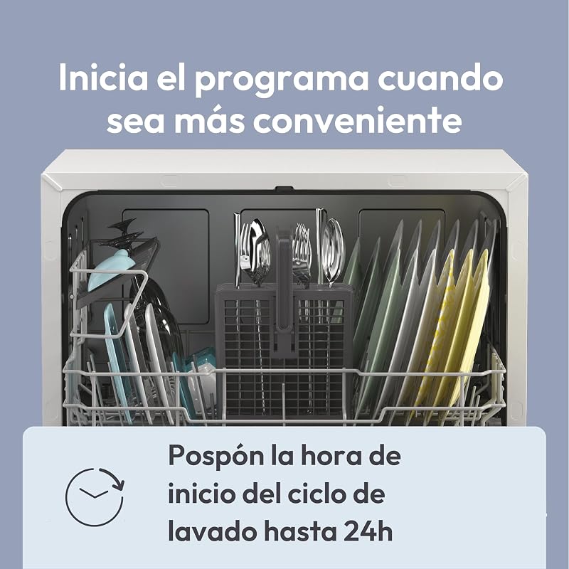 CP 6E51LW Lavavajillas de sobremesa Pequeño y Compacto, 6 Servicios, Digital, 51DBA, 5 Ciclos, Media Carga, Inicio Diferido, Indicador Sal y Abrillantador, Indicador Fin de Ciclo, Blanco