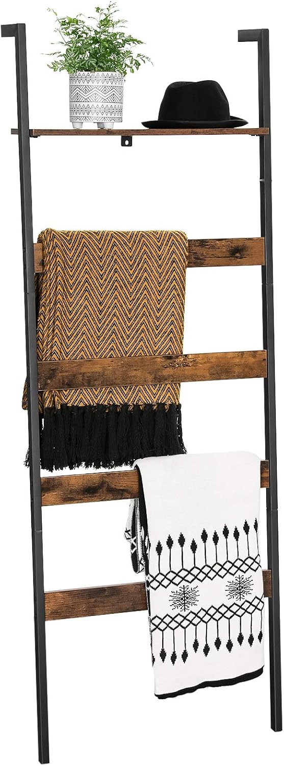 VASAGLE ALINRU Blanket Ladder Shelf, Wall-Leaning Rack with Storage Shelf, Steel Frame, for Blankets, Scarves, Industrial Style, Rustic Brown and Black ULLS012B01: Furniture & Decor