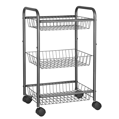 SONGMICS 3-Tier Metal Rolling Cart with Lockable Baskets and Handles