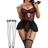 Alrovetoney Women Lingerie with Garter Belt 4pcs Set Lace Contrast Mesh Bodysuit Ruffle Garter Belt Skirt With Stockings