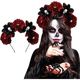AUOCATTAIL Halloween Skull Rose Headband Mexican Red Flower Crown Gothic Horror Headwear for Party Costume Cosplay Headwear