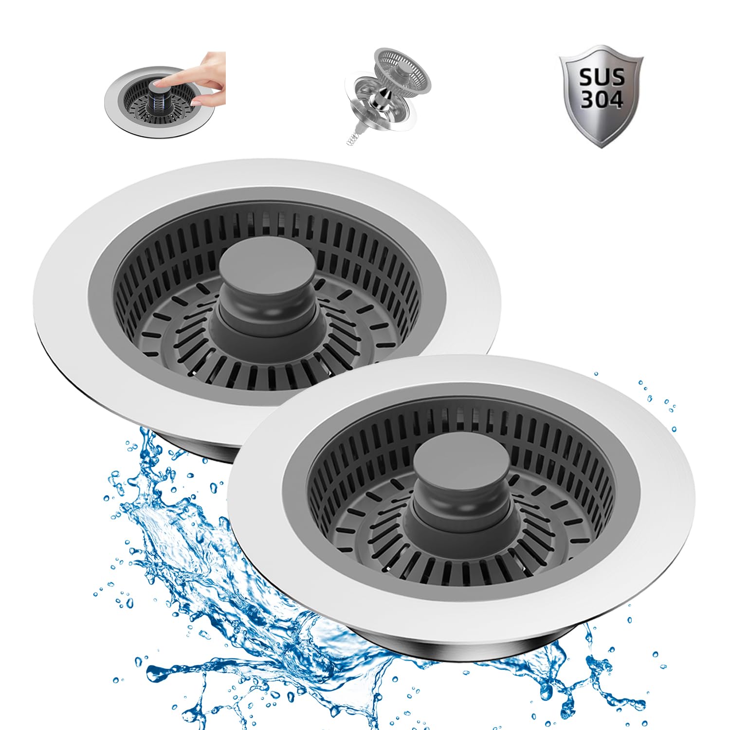 Photo 1 of 2 Pcs Kitchen Sink Drain Strainer and Stopper Combo, 3 in 1 Stainless Steel Pop-Up Sink Stopper & Drain Strainer for Standard Drains, Ideal Sink Protectors for Kitchen Sink