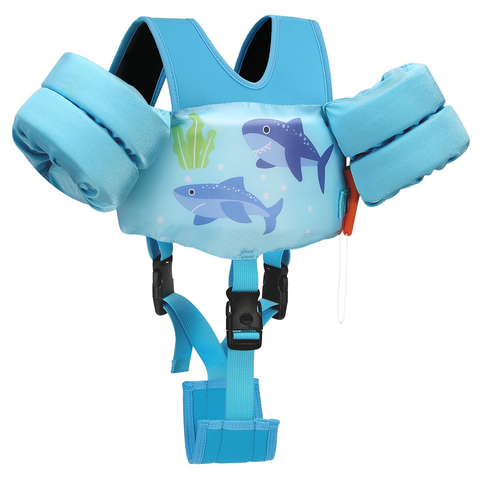Photo 1 of MoKo 13-20-30lbs Toddler Floaties Arm Floaties, Toddler Swim Vest Cartoon Swim Arm Band for Kids with Crotch Strap Pool Float Vests Sleeves Shoulder Straps Learn to Swim, Lignt Blue & Double Shark