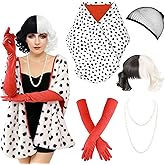 5PCS Halloween Costume Women, Dalmatian Costume Accessories with Dalmatian Shawl, Black and White Wig, 1920s Red Gloves, Women's Coat for Halloween Cosplay Party