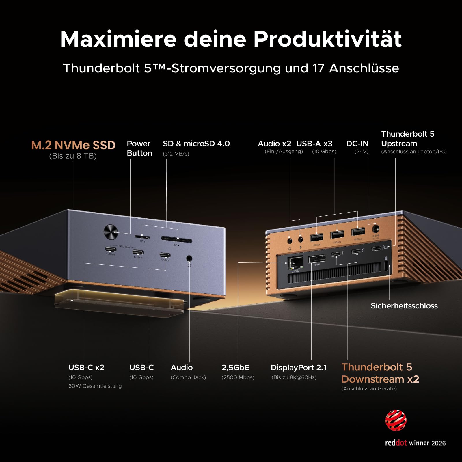 UGREEN Maxidok Thunderbolt 5 Docking Station, Revodok 17-in-1 TBT5 Dock, 120Gbps Datentransfer, 8TB M.2 NVMe SSD, Single 8K/Dual 6K@60Hz, 140W Aufladen, 2.5GbE, Kühlsystem für TBT5/4-Laptops 2