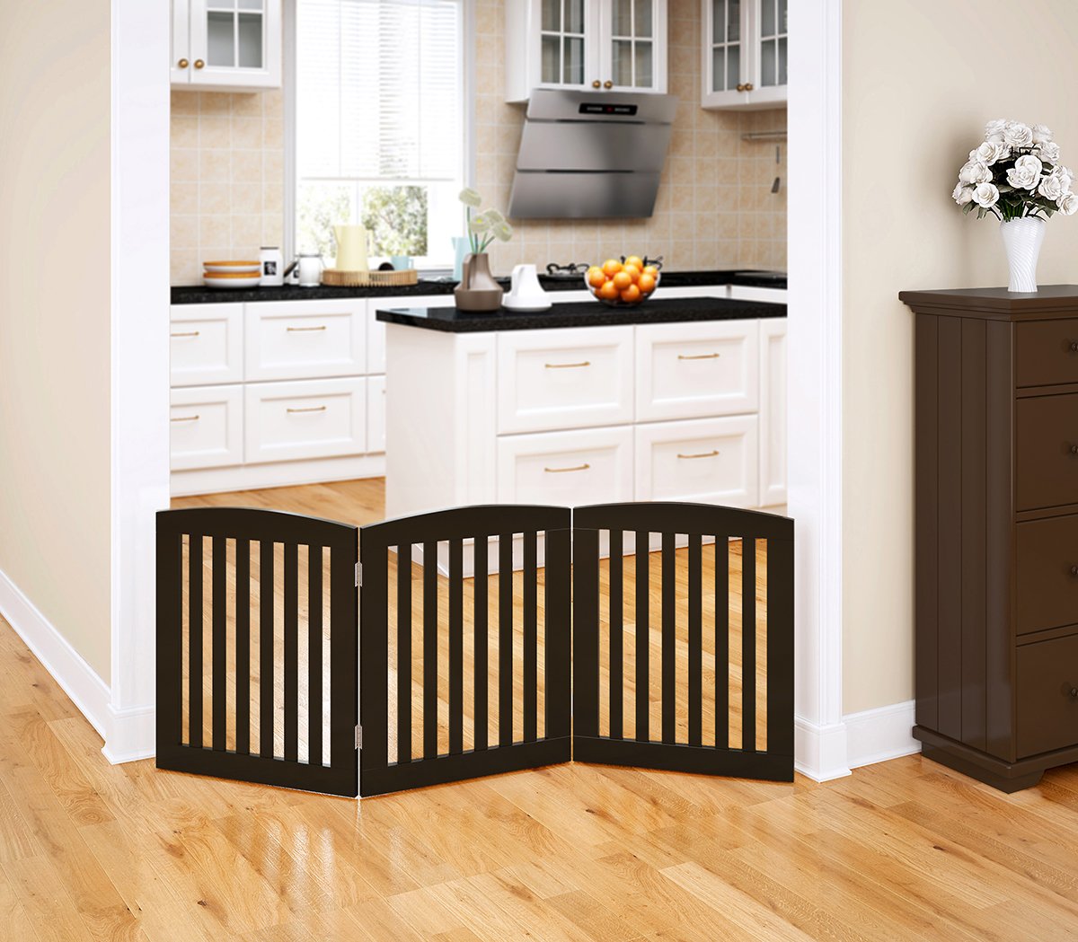 PAWLAND Wooden Freestanding Foldable Pet Gate for Dogs, 24 inch 3 Panels Step Over Fence, Dog Gate for The House, Doorway, Stairs, Extra Wide (Espresso, 24" Height-3 Panels) : Pet Supplies