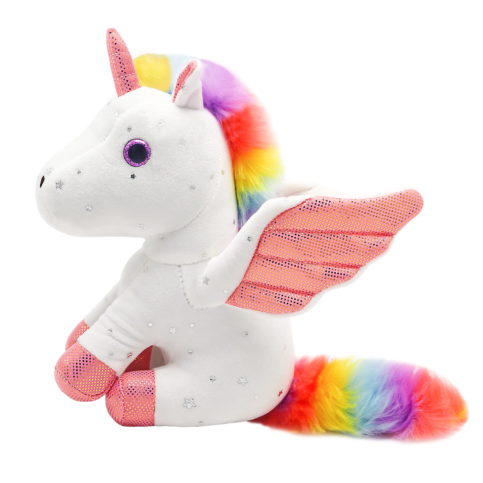 Heionia Unicorn Plush Toy Soft Stuffed Animal Doll Cute Pony Toy with Corner Wings Rainbow Tail, 9IN, Birthday Gifts for Girls Kids (White)