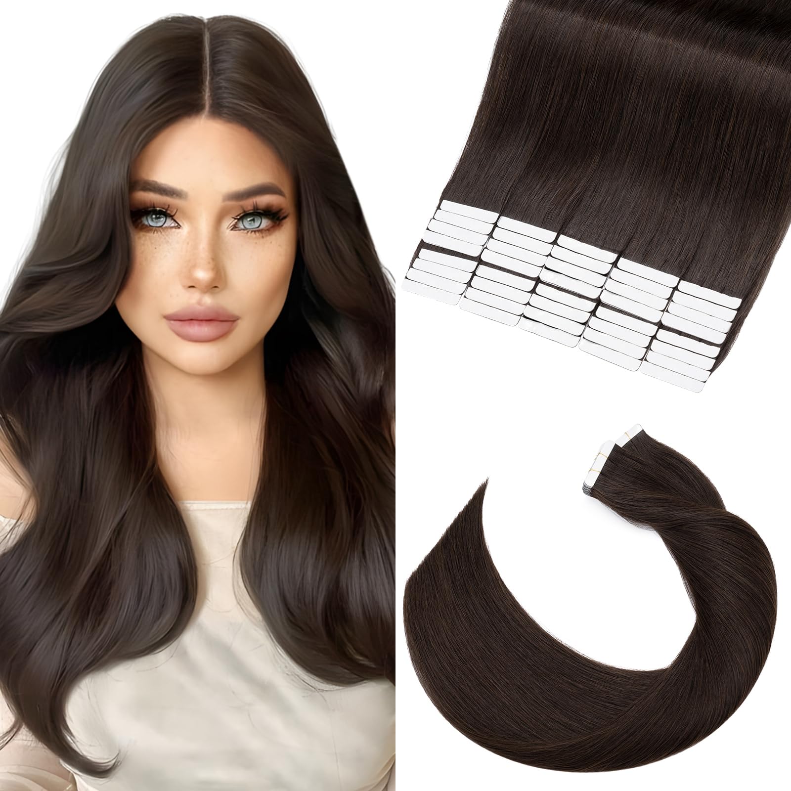 Elailite Tape in Hair Extensions Real Human Hair Brown 40 Pcs 100g - Seamless Skin Weft Remy Hair Extension Straight (#2 Dark Brown, 16 Inch) — image 1