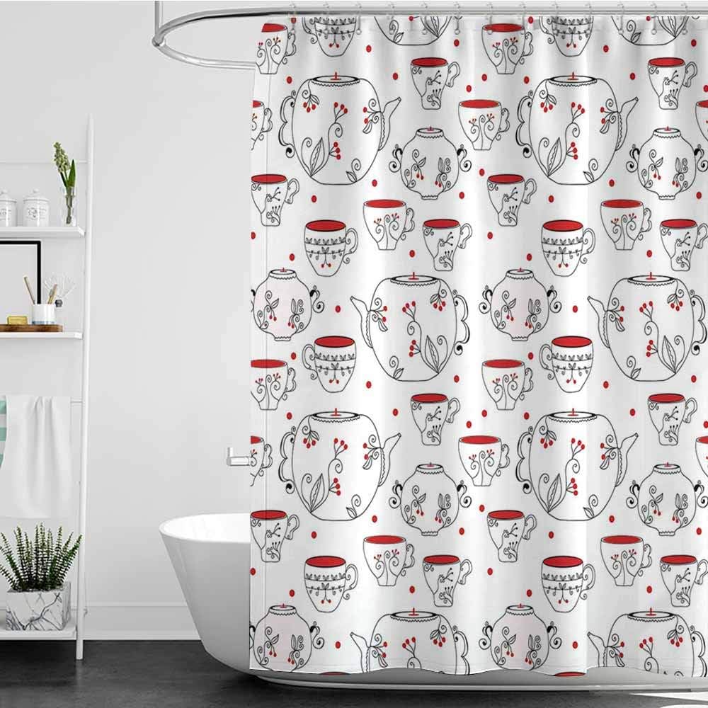 Tim1Beve Bathroom Curtains,Tea Party Vintage Crockery Pattern with Swirled Floral Motifs Red Berries and Dots,Shower Hooks are Included,W72x96L Red Black White
