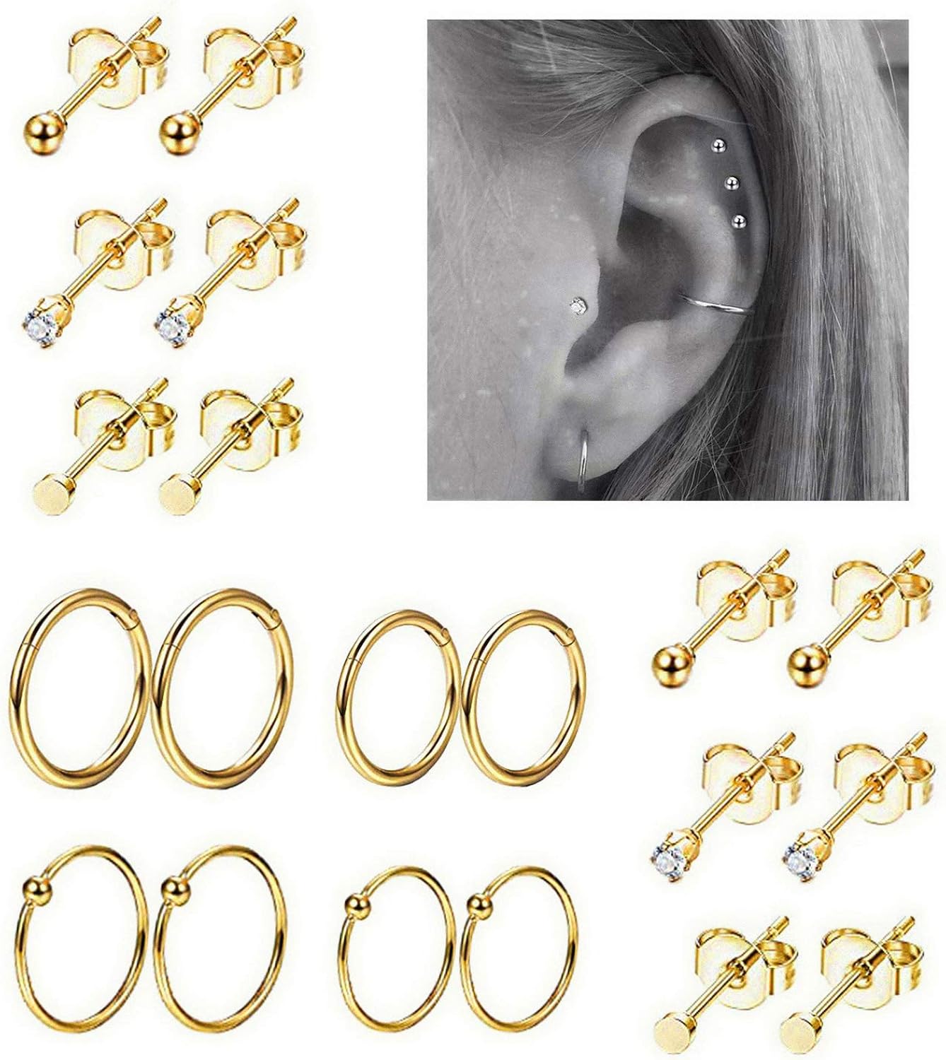 REVOLIA 10Pairs Stainless Steel Cartilage Earrings for Men Women Stud Earrings Ball CZ Tragus Helix Piercing