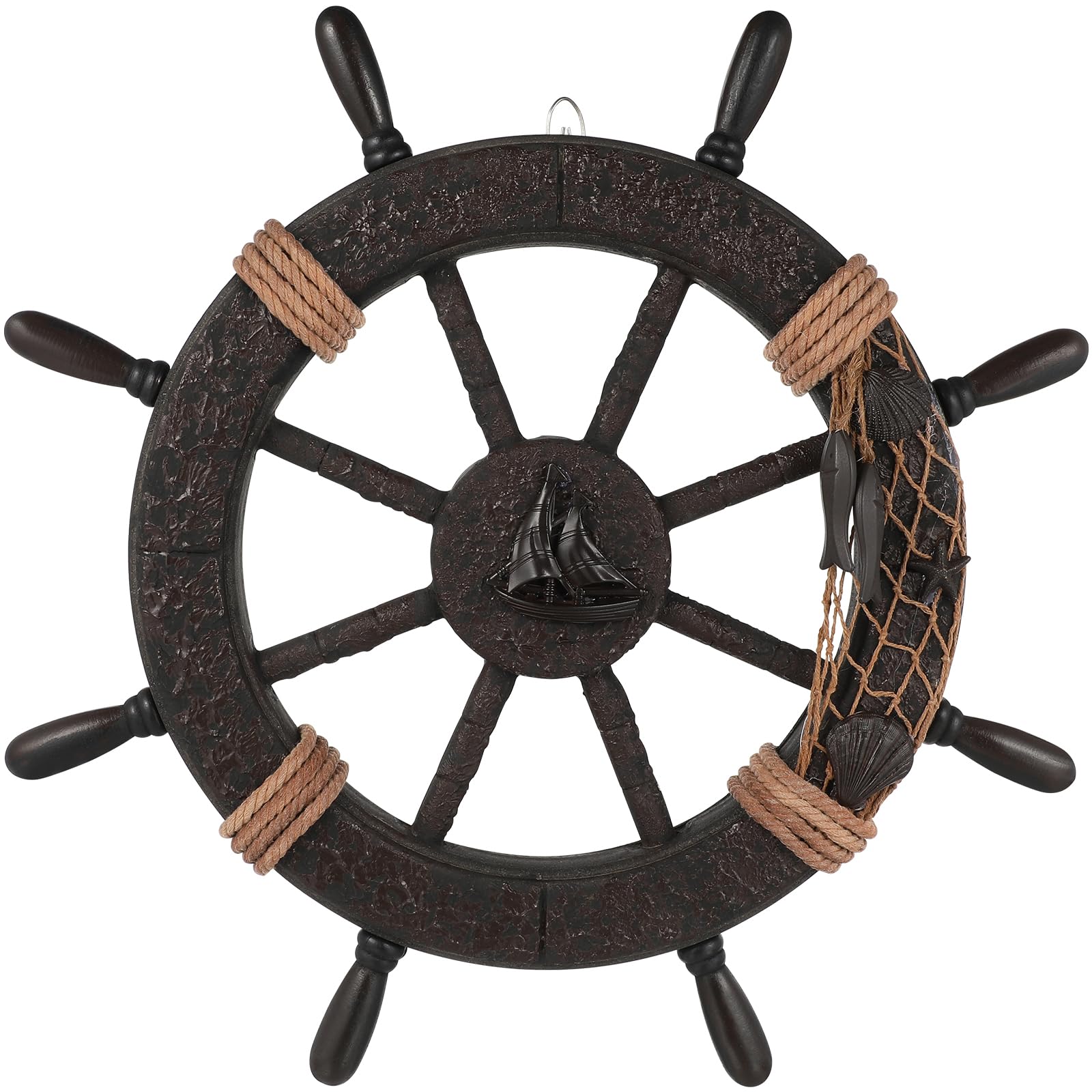 Healifty Nautical Ship Wheel Decor Rustic Boat Steering Wheel Fishing Net Wall Sculpture Rudder Hanging Ornament for Home Beach Theme Decor