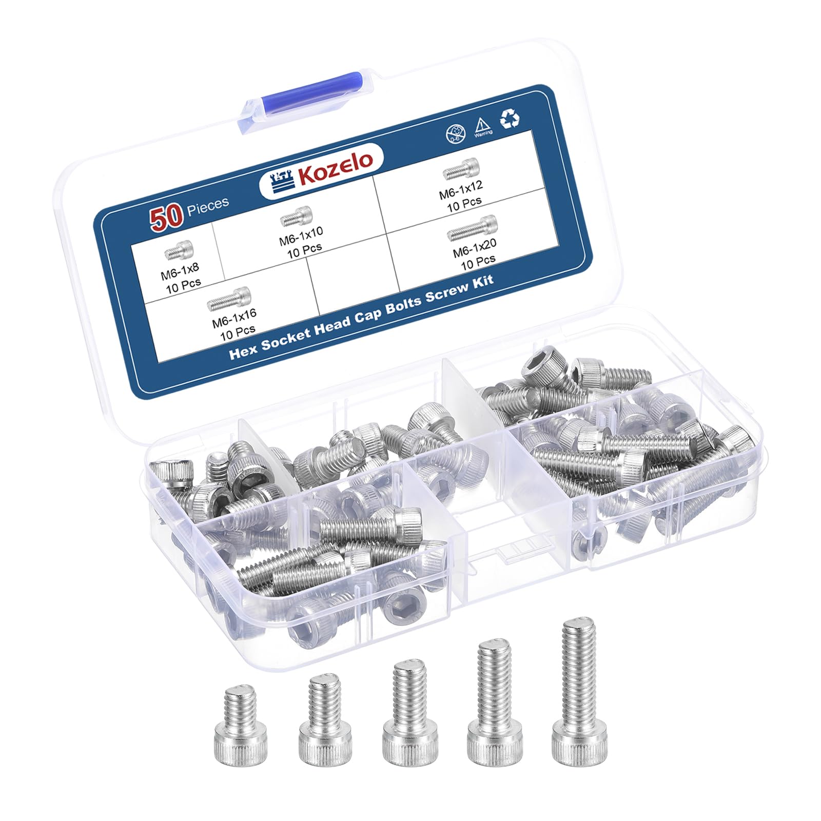 Kozelo 50pcs M6 Socket Head Cap Screws Bolts Nuts Assortment Kit - [M6x8/10/12/16/20mm] 304 Stainless Steel Allen Socket Drive for 3D Printer