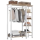 VECELO Open Garment Clothing Rack, Free-Standing Heavy Duty Storage Closet with 5 Shelves and Hanging Rod for Small Spaces, Max Load 350LBS, White Oak