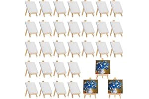 Mimorou 32 Pack 3 x 3 Inch Mini Canvases with Easel Sets for Painting Small Art Stretched Canvases Panels Pack with Wood Display Easel for Kids Birthday Parties Operation Christmas Gifts Items