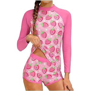 Cute Girls Swimsuit Sunscreen Shirt+ Boyshorts Two Piece Lovely Pink Strawberry Graphic Print Rash Guard Sets
